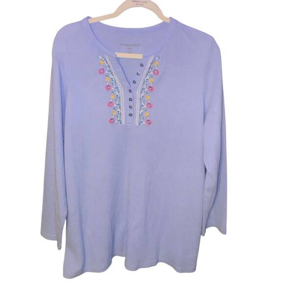 Woman Within 1X Purple Thermal Henley Top Embroidered Floral Button Neck 22/24 - Picture 1 of 4